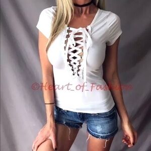 Lace Up Plunging Neckline Short Sleeve Top Tee S